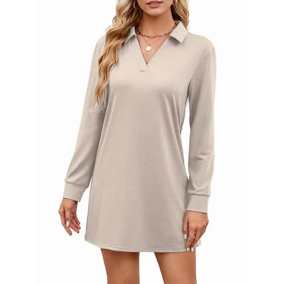 Women'S Autumn Dress 2025 Lapel Long Sleeve Casual Loose V-Neck Solid Color Sports Sweater Dress S