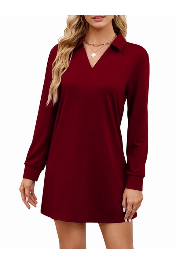 Women'S Autumn Dress 2025 Lapel Long Sleeve Casual Loose V-Neck Solid Color Sports Sweater Dress Wine Red XL