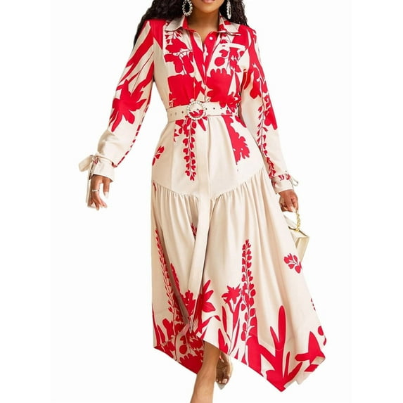 Women'S Autumn Floral Dress Boho Long Sleeve Lapel Midi Sundress Flowy Dress Red (With Belt) M