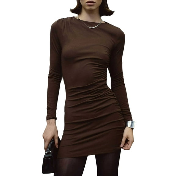 Women'S Autumn Long Sleeve Knit Fashion Basic Slim Fit Party Cocktail Evening Bodycon Short Dress Brown S