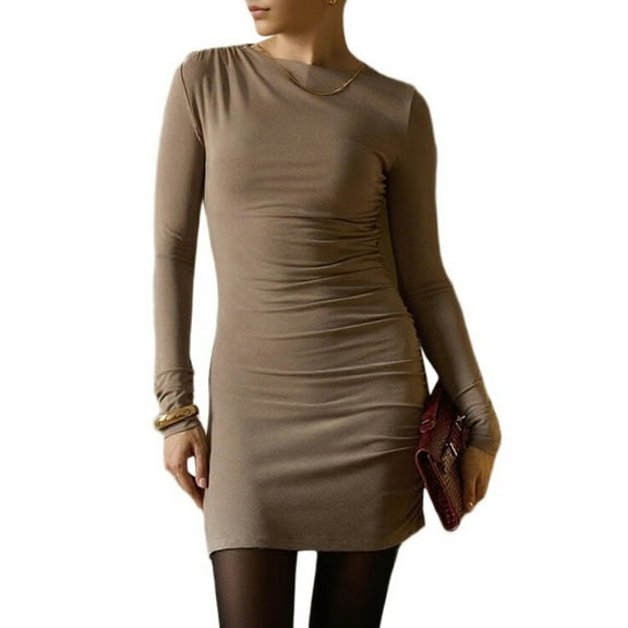 Women'S Autumn Long Sleeve Knit Fashion Basic Slim Fit Party Cocktail Evening Bodycon Short Dress Light Khaki L