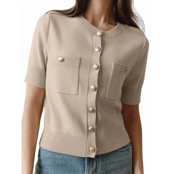 Women'S Autumn Simple Elegant Double Pocket Metal Button Knit Top Temperament Round Neck Cardigan Khaki L