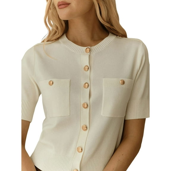 Women'S Autumn Simple Elegant Double Pocket Metal Button Knit Top Temperament Round Neck Cardigan White XL