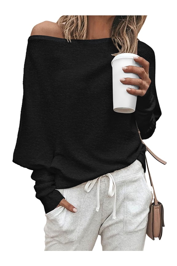Women'S Autumn Sweater Casual Long Bat Sleeve Loose Off-the-Shoulder Knit Pullover Sweater Top Black S