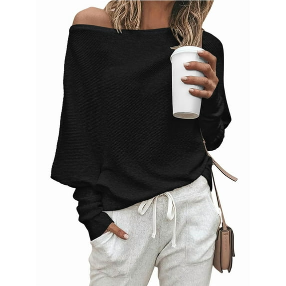 Women'S Autumn Sweater Casual Long Bat Sleeve Loose Off-the-Shoulder Knit Pullover Sweater Top Black XXL