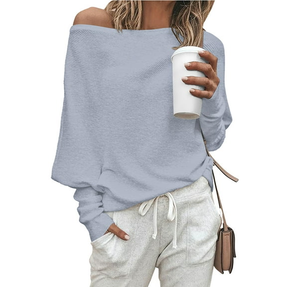 Women'S Autumn Sweater Casual Long Bat Sleeve Loose Off-the-Shoulder Knit Pullover Sweater Top Grey L