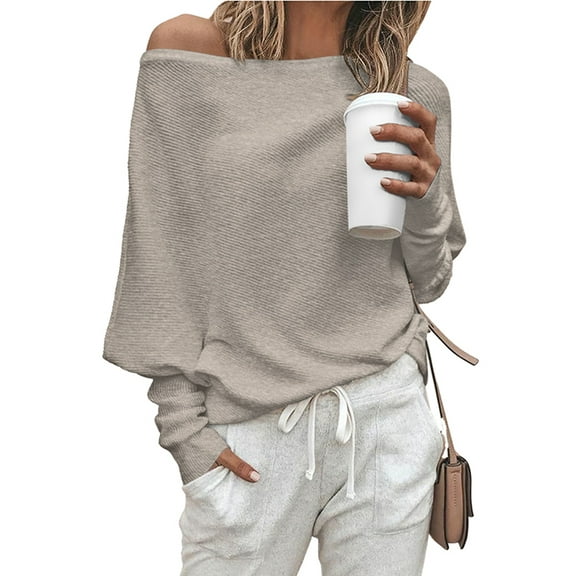 Women'S Autumn Sweater Casual Long Bat Sleeve Loose Off-the-Shoulder Knit Pullover Sweater Top Khaki L