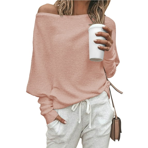 Women'S Autumn Sweater Casual Long Bat Sleeve Loose Off-the-Shoulder Knit Pullover Sweater Top Pink L