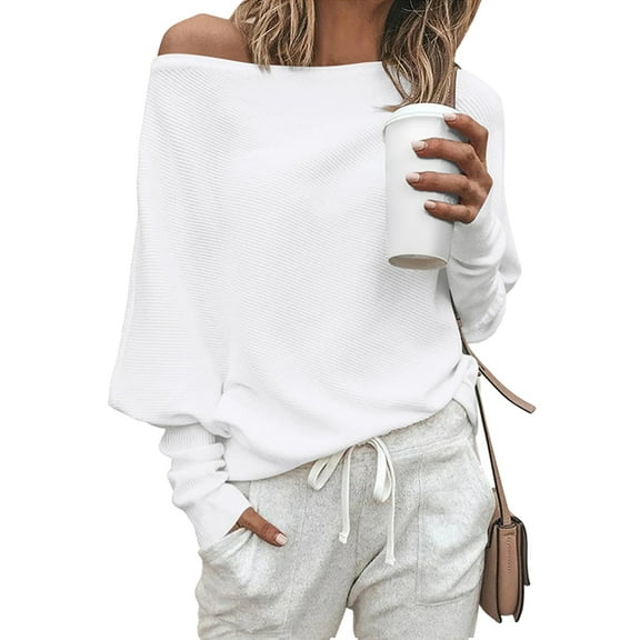 Women'S Autumn Sweater Casual Long Bat Sleeve Loose Off-the-Shoulder Knit Pullover Sweater Top White S