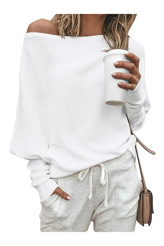 Women'S Autumn Sweater Casual Long Bat Sleeve Loose Off-the-Shoulder Knit Pullover Sweater Top White XL