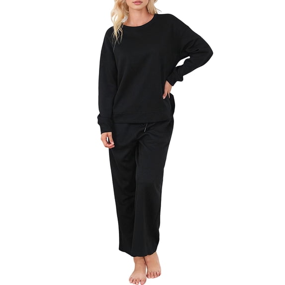 Women'S Autumn Two-Piece Suit Long-Sleeved Pullover Wide-Leg Pants Matching Casual Set Fashion Clothing Black M
