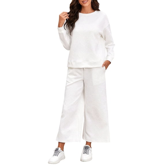 Women'S Autumn Two-Piece Suit Long-Sleeved Pullover Wide-Leg Pants Matching Casual Set Fashion Clothing White XXL