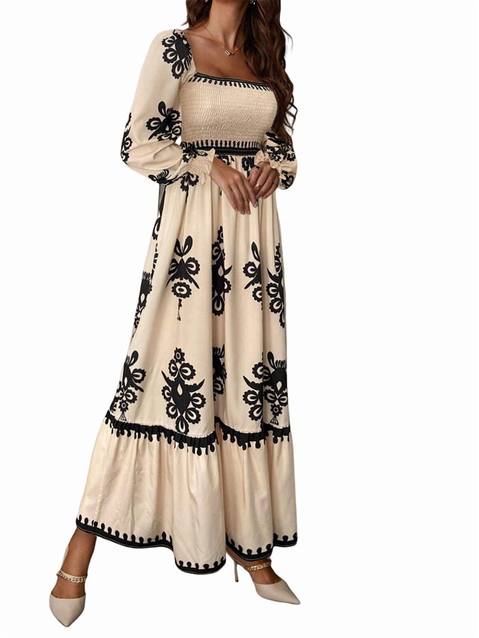 Women'S Autumn Wedding Guest Dress Bohemian Floral Long Sleeve V-Neck  Flowing Elegant Maxi Dress Beachwear Apricot M