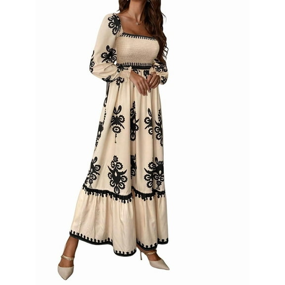 Women'S Autumn Wedding Guest Dress Bohemian Floral Long Sleeve V-Neck Flowing Elegant Maxi Dress Beachwear Apricot M