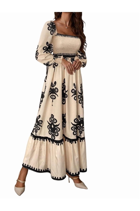 Women'S Autumn Wedding Guest Dress Bohemian Floral Long Sleeve V-Neck Flowing Elegant Maxi Dress Beachwear Apricot M