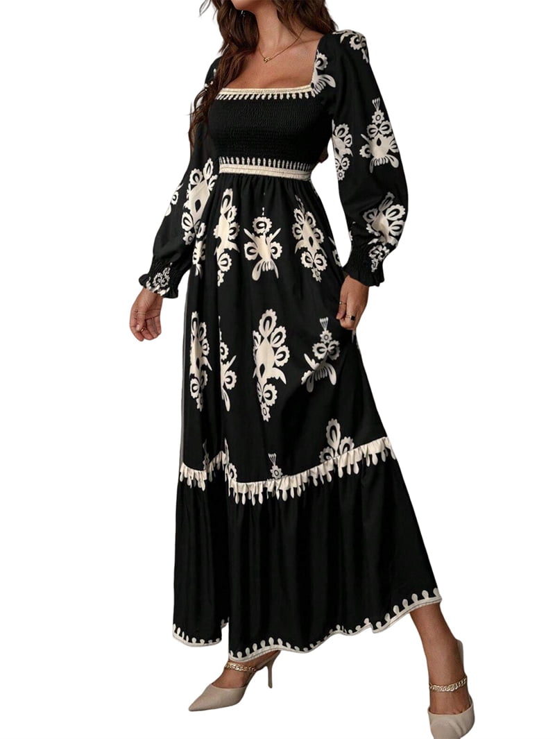 Women'S Autumn Wedding Guest Dress Bohemian Floral Long Sleeve V-Neck  Flowing Elegant Maxi Dress Beachwear Black M