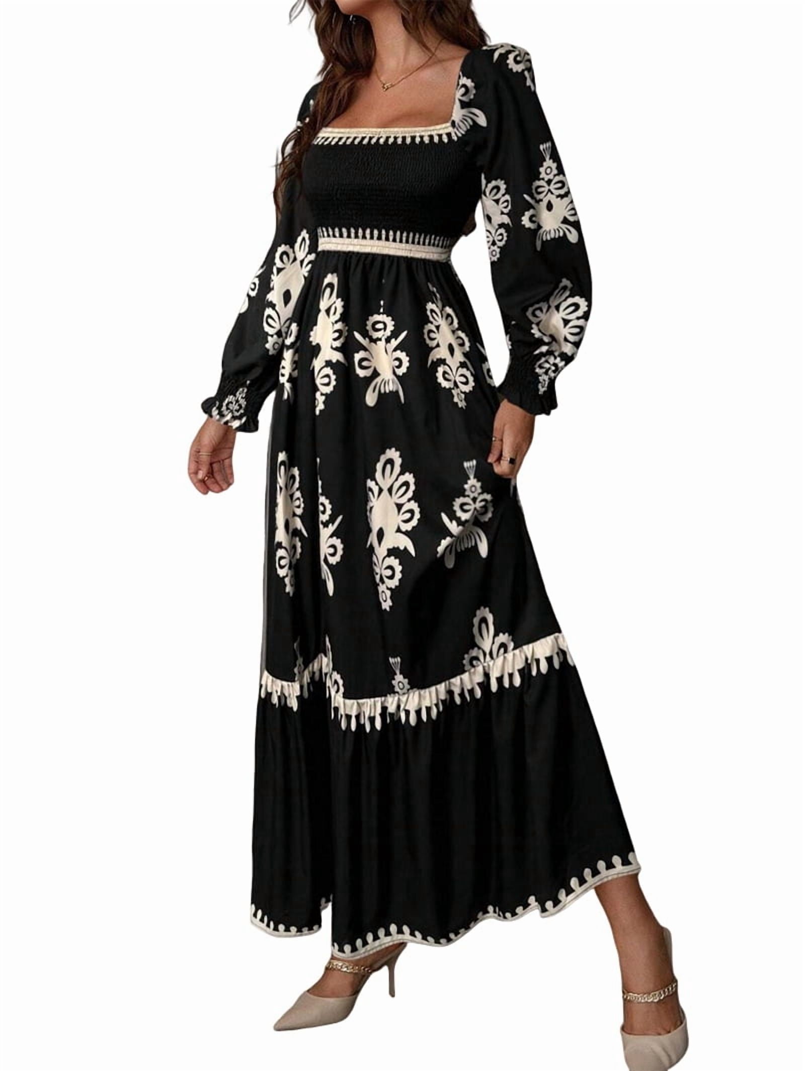 Women'S Autumn Wedding Guest Dress Bohemian Floral Long Sleeve V-Neck Flowing Elegant Maxi Dress Beachwear Black S