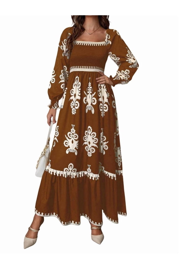 Women'S Autumn Wedding Guest Dress Bohemian Floral Long Sleeve V-Neck Flowing Elegant Maxi Dress Beachwear Brown M