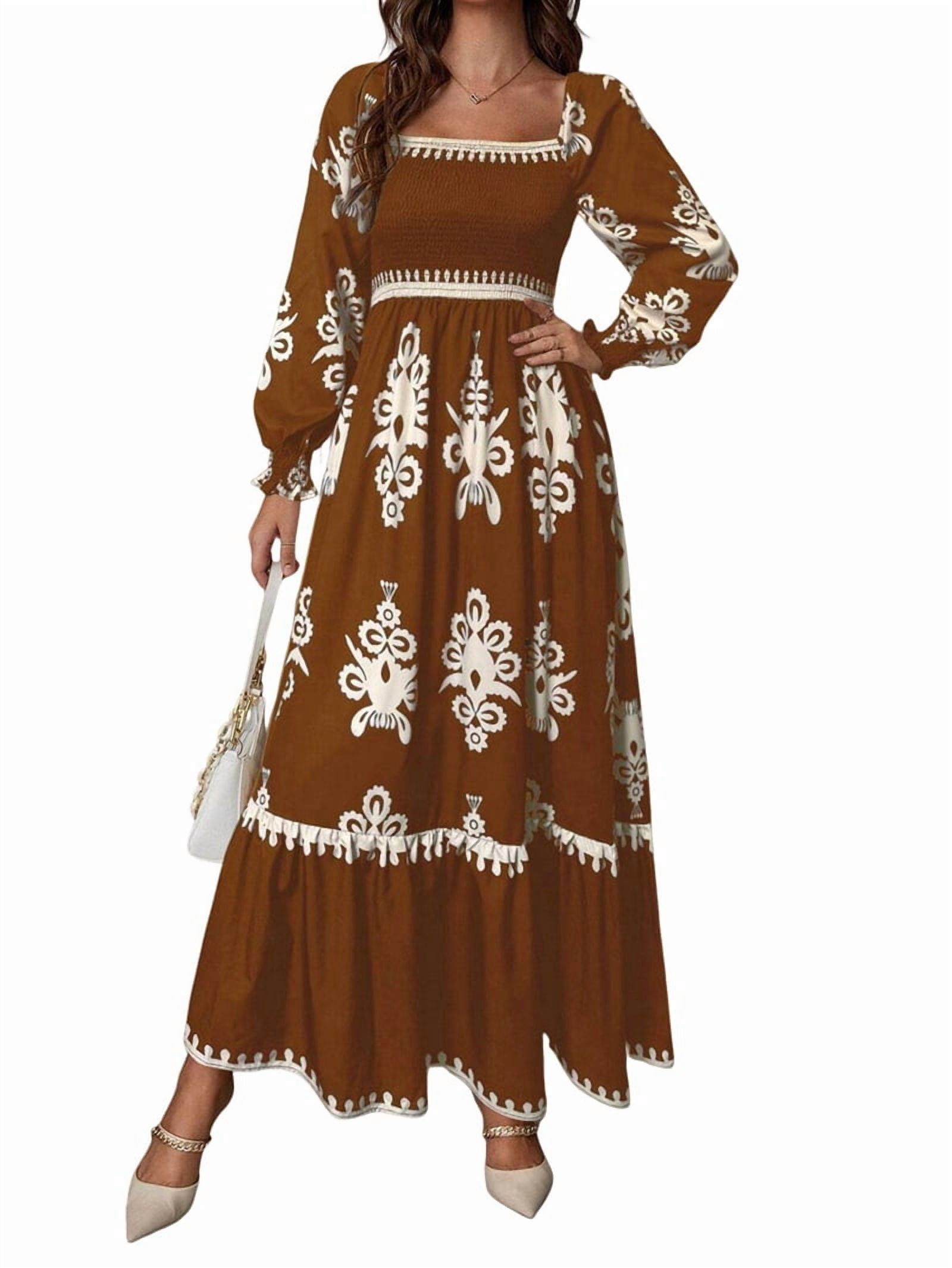 Women'S Autumn Wedding Guest Dress Bohemian Floral Long Sleeve V-Neck Flowing Elegant Maxi Dress Beachwear Brown S