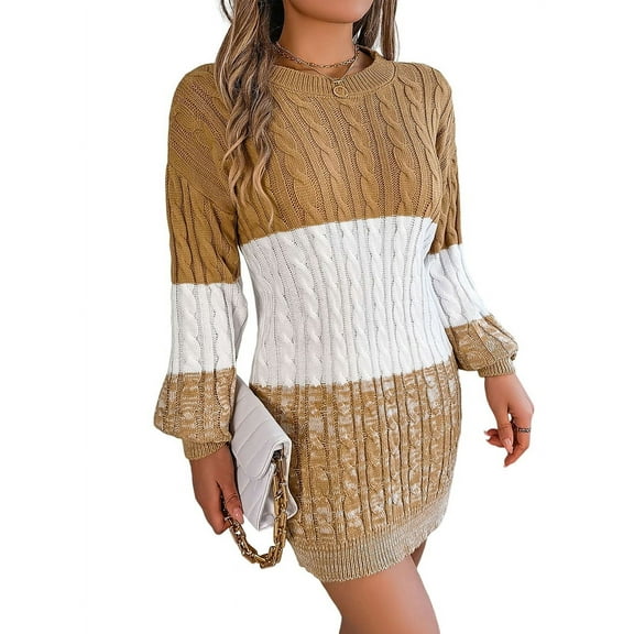 Women'S Autumn Winter Elegant Patchwork Lantern Sleeve Cable Knit Sweater Dress Khaki L