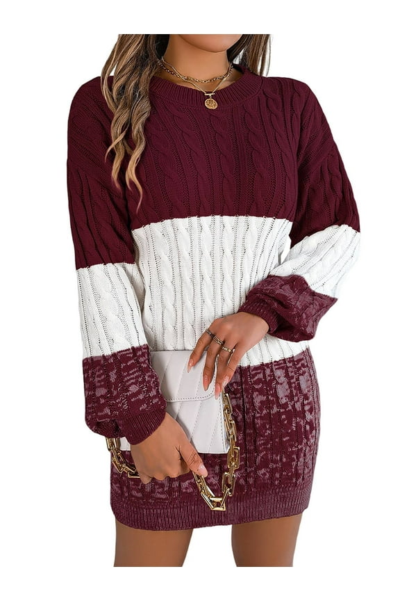 Women'S Autumn Winter Elegant Patchwork Lantern Sleeve Cable Knit Sweater Dress Wine Red M
