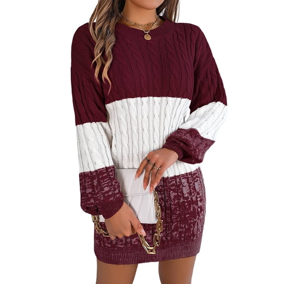 Women'S Autumn Winter Elegant Patchwork Lantern Sleeve Cable Knit Sweater Dress Wine Red S