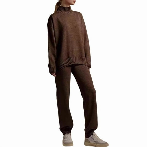 Women'S Autumn Winter Knit Sweater Set Set Thichen Warm Sweater Elastic Trousers Brown S