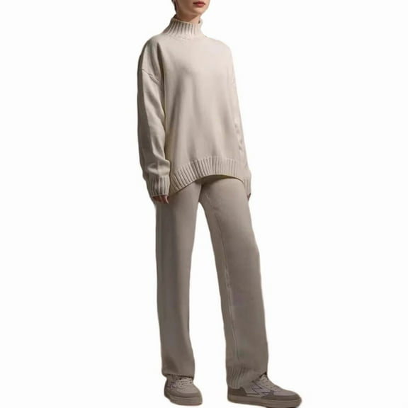 Women'S Autumn Winter Knit Sweater Set Set Thichen Warm Sweater Elastic Trousers White S