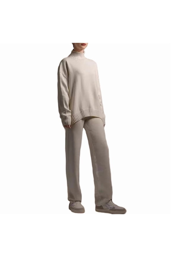 Women'S Autumn Winter Knit Sweater Set Set Thichen Warm Sweater Elastic Trousers White S