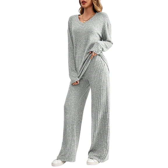 Women'S Autumn/Winter Ribbed Brushed Fashion Casual Two-Piece Home Wear Gray M