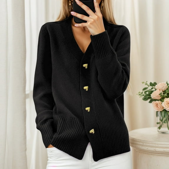 Women'S Autumn Winter Solid Color Long Sleeve V-Neck Knitted Cardigan Sweater Coat Fashion Casual Outerwear