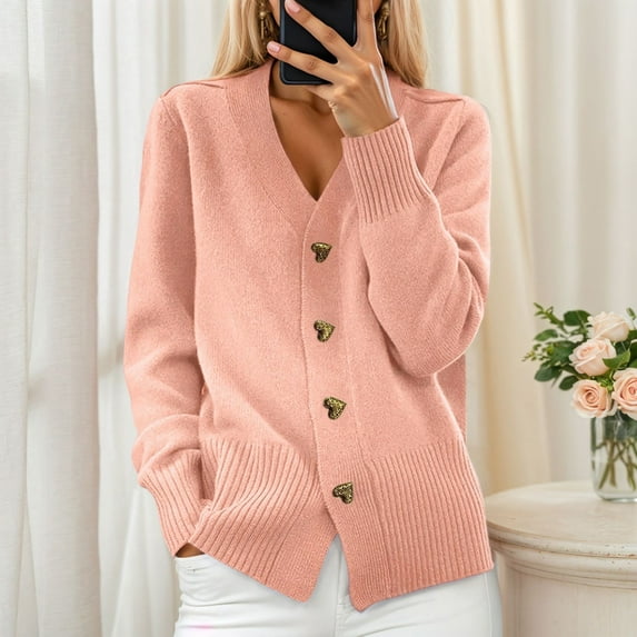 Women'S Autumn Winter Solid Color Long Sleeve V-Neck Knitted Cardigan Sweater Coat Fashion Casual Outerwear