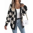 thumbnail image 1 of Women'S Autumn and Winter Contrast Color Plaid Lantern Sleeve Cardigan Sweater Mid-Length Coat Black S, 1 of 9
