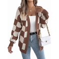 thumbnail image 1 of Women'S Autumn and Winter Contrast Color Plaid Lantern Sleeve Cardigan Sweater Mid-Length Coat Coffee Color S, 1 of 9