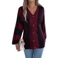 thumbnail image 1 of Women'S Autumn and Winter Contrast Striped Trumpet Sleeve Cardigan Sweater Mid-Length Coat Wine Red XL, 1 of 8