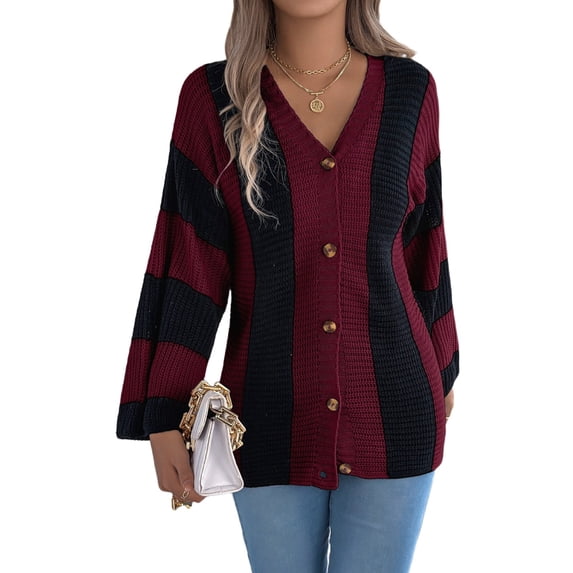 Women'S Autumn and Winter Contrast Striped Trumpet Sleeve Cardigan Sweater Mid-Length Coat Wine Red XL