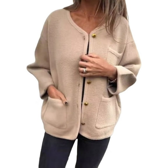 Women'S Autumn and Winter Fashion Casual Round Neck Long Sleeve Button Woolen Coat with Pockets Khaki XXXL