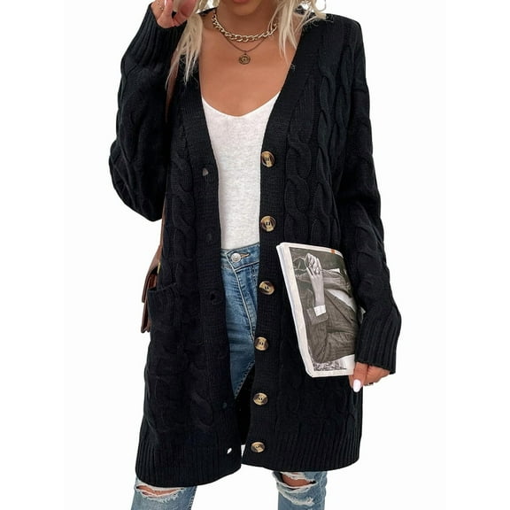 Women'S Autumn and Winter Long Sleeve Cardigan Sweater Cable Knit Front Button Long Coat Black M