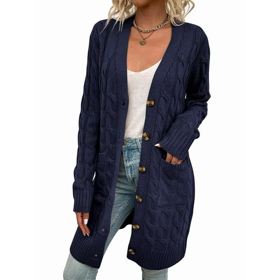 Women'S Autumn and Winter Long Sleeve Cardigan Sweater Cable Knit Front Button Long Coat Dark Blue XL