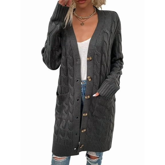 Women'S Autumn and Winter Long Sleeve Cardigan Sweater Cable Knit Front Button Long Coat Dark Gray L