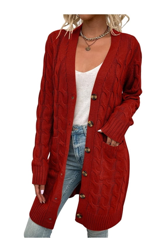 Women'S Autumn and Winter Long Sleeve Cardigan Sweater Cable Knit Front Button Long Coat Rust Red L