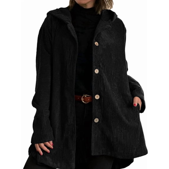 Women'S Autumn and Winter Long-Sleeved Hooded Loose Corduroy Casual Jacket Black XL
