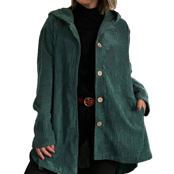 Women'S Autumn and Winter Long-Sleeved Hooded Loose Corduroy Casual Jacket Green L