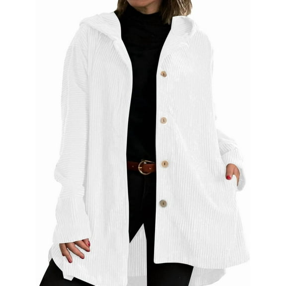 Women'S Autumn and Winter Long-Sleeved Hooded Loose Corduroy Casual Jacket White M