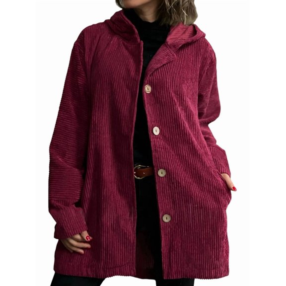 Women'S Autumn and Winter Long-Sleeved Hooded Loose Corduroy Casual Jacket Wine Red M