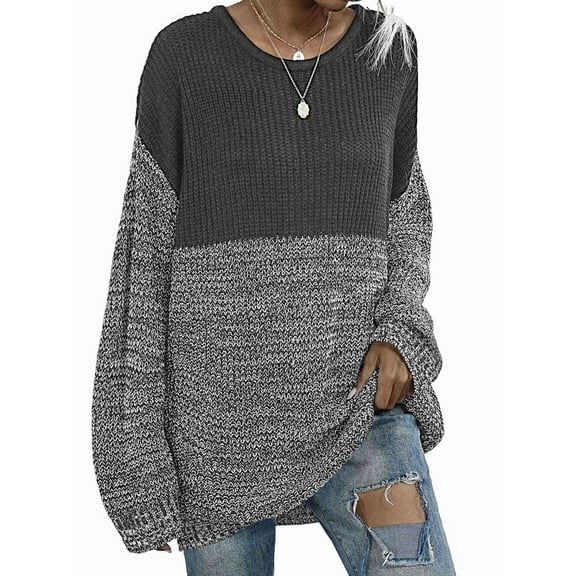 Women'S Autumn and Winter Long Sweater Loose Round Neck Pullover Lazy Style Contrast Color Knitted Sweater Dark Gray M