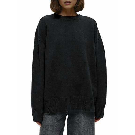 Women'S Autumn and Winter Loose Warm Simple Pullover Solid Color Knitted Sweater Black S