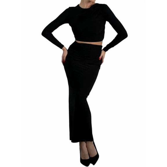 Women'S Autumn and Winter Round Neck Long Sleeve Belly- Top Slim Skirt Two-Piece Suits Black S