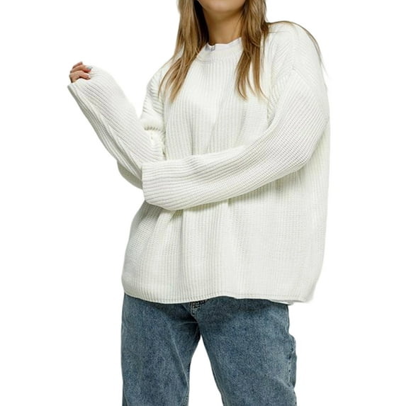 Women'S Autumn and Winter Round Neck Pullover Loose Casual Long Sleeve Knitted Sweater Pullover Tops White XL