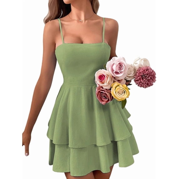 Women'S Backless Bow-Knot Tie Spaghetti Strap Mini Dress Club Party Dresses Light Green L